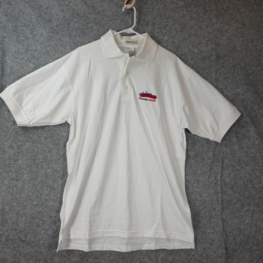 Vintage Montreal 2000 Polo White Golf Jersey Knit Shirt L ESSENTIALS Ash‎ City